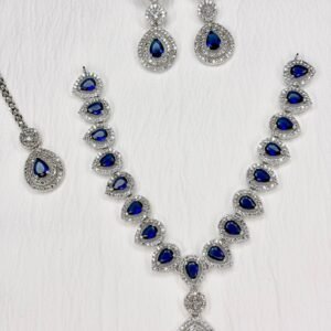 Royal Blue American Diamond Jewellery Set - Necklace, Earrings & Headpiece